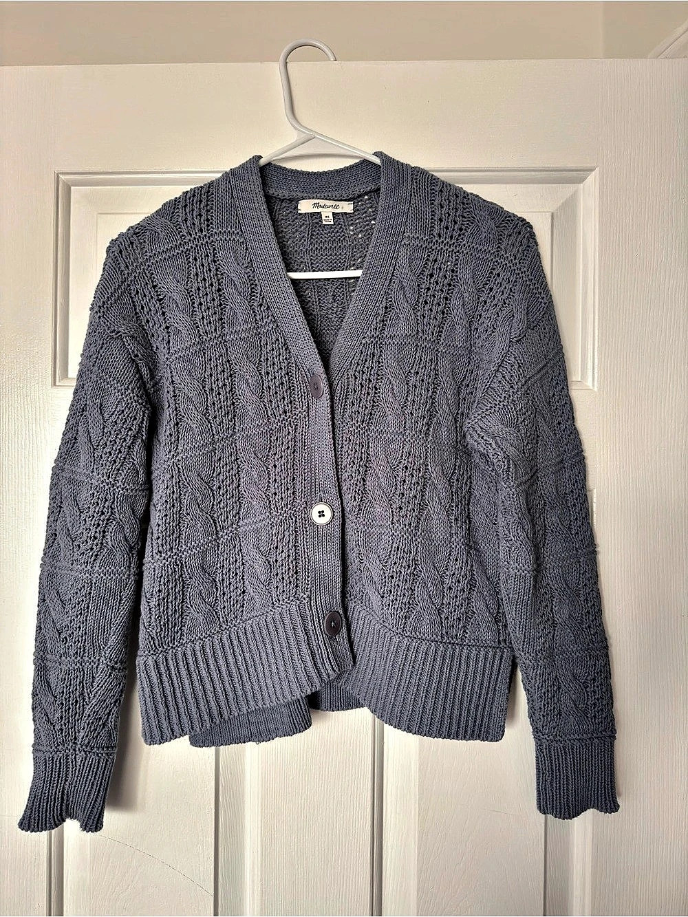 Madewell Cable Knit V Neck Button Front Blue Cotton Cardigan Sweater XS